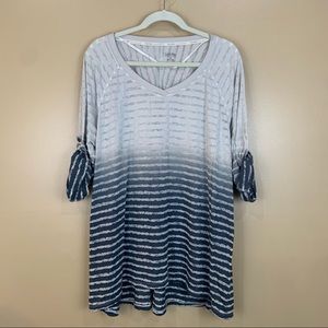 CALVIN KLEIN Blue & Beige Striped T-shirt Tunic w/ Roll tab Sleeves 2x